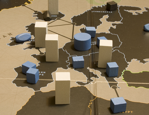 This Boardgamegeek.com picture shows the board and pieces from the limited edition Risk Black Ops game (2008).