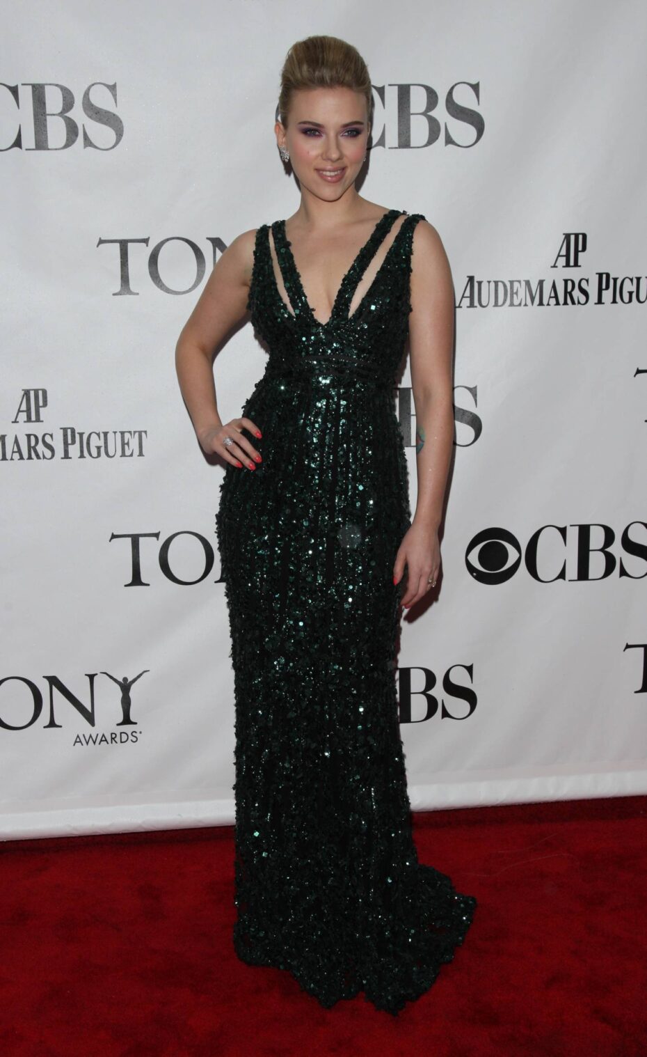 Scarlett Johansson in a plunging, glittery Elie Saab gown.