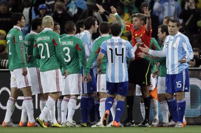 Mexico players asked Rosetti to look at the replay of Carlos Tevez's offside goal on the stadium's giant screen, but Rosetti is not allowed by FIFA based his decisions on that.