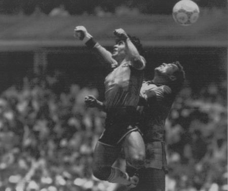 Hand of god, or that of a little Argentine cheat? Goalkeeper Peter Shilton would defintely say the latter.