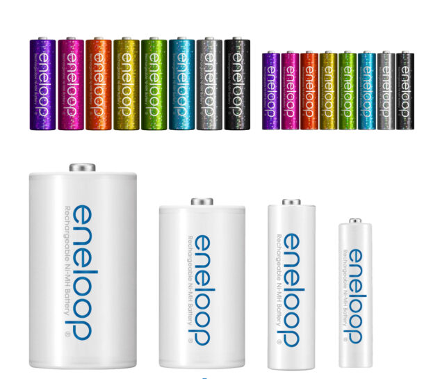 Sanyo Eneloop batteries come in various capacities and are able to retain charge even after not being used for an extended period of time. They come in several different colours.