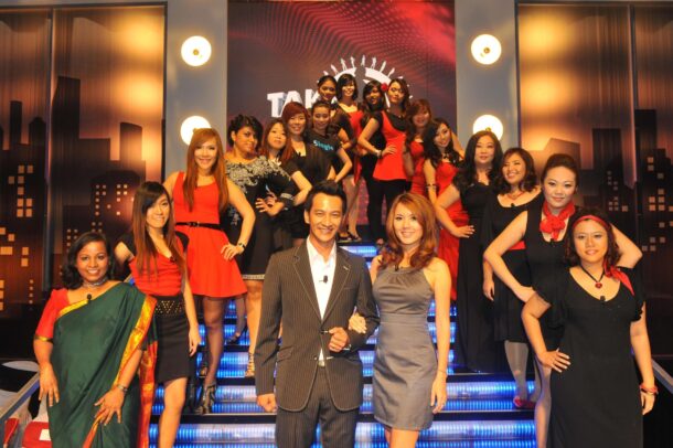 Reality show 'Take Me Out' is hosted by Nazrudin Rahman and Julie Woon (centre).