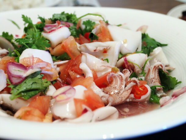 OLYMPUS DIGITAL CAMERA Thai squid salad, shot using Olympus OM-D E-M5.