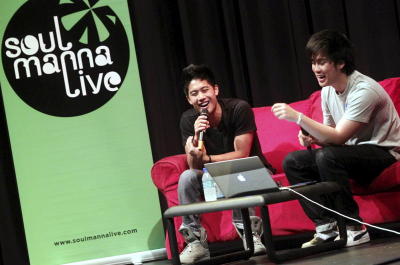 Jin from JinnyboyTV hosting the Q&A session with Ryan Higa at Bentley Music Auditorium, on Sunday.