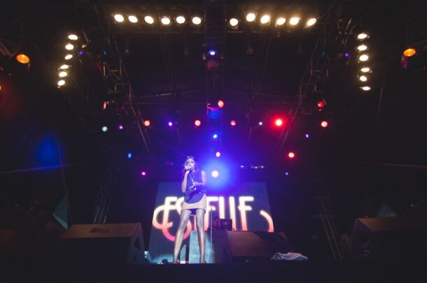 Showstopper: Estelle charms the crowd with her enchanting vocals as she belts out 'American Boy' hit.