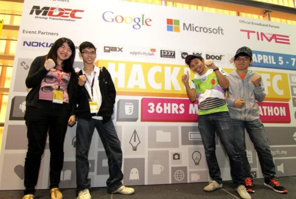 Four of the seven DGCFC Ideation Phase winners. From left to right: Michelle Fung, Nicholas Khooi, Mohd Eskandarian bin Mirza and Low Chin Leong.