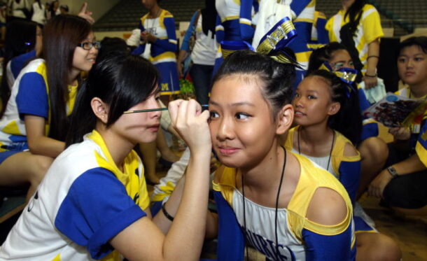 Shoulder cut offs is a current trend in cheerleading.