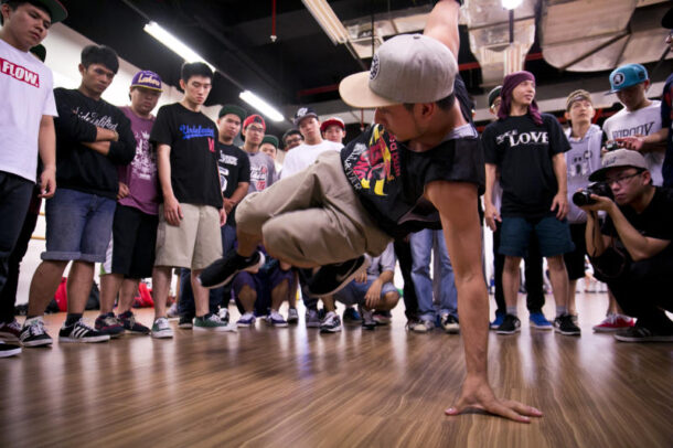 B-boy Roxrite giving a demonstration to participants at a workshop prior to the Red Bull BC One Malaysia Cypher at Centre Stage Studio, Penang.