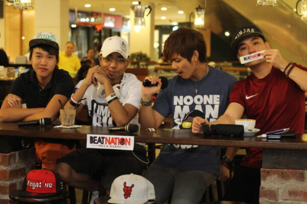 The BeatNation A-Team beatboxers, (from left) SamSaw, A.Ron, Coex and Ezra, messing around during their interview with the BRATs.