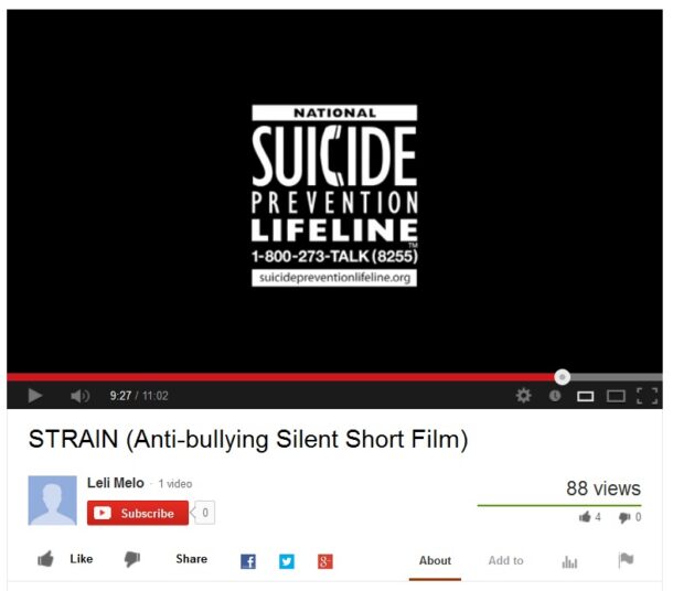 A screencap of from the short film Strain, produced by sisters Melora and Lelina Chang to help fight bullying in the United States.