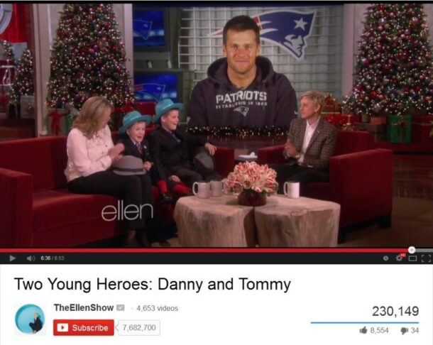 Star support: Danny Keefe (second left) and his friend Tommy Conney, who got his football team to stand up against Keefe's bullies, getting a video message from New England Patriot's quarterback Tom Brady while on The Ellen Degeneres Show.