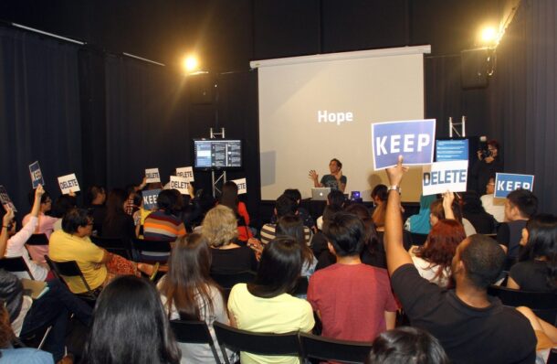 The audience at Purge were able to interact with the performance, by helping presenter Brian Lobel decide whether to keep or delete certain Facebook friends.