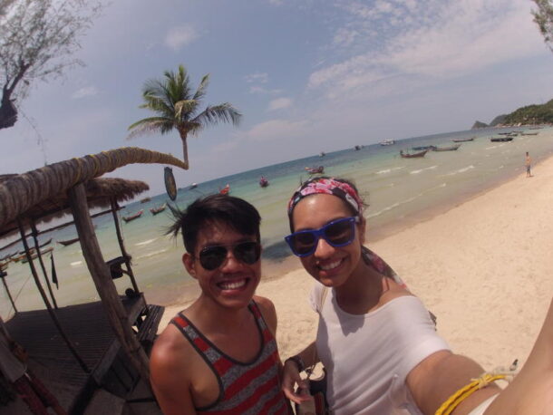 Trippin': Kevin Hoong (left) and Marisha Naz taking a break at Ko Tao island in Thailand during their hitchhiking trip from KL to Cambodia.