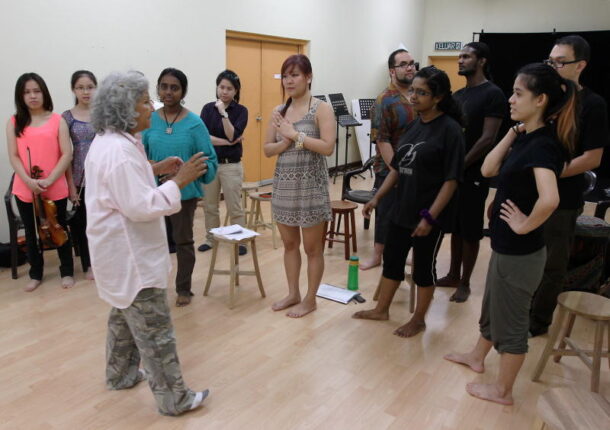 Caught in the act: Theater actress Ho Lee Ching (right) during rehearsals for Life Sdn Bhd.