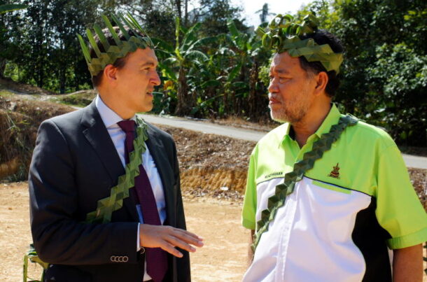 EU delegation to Malaysia, counsellor Marcel Roijen (left) and Dusun Tua state assemblyman Razaly Hassan were present for the launch and they discussed the welfare of the indigenous people and efforts to improve their living conditions.