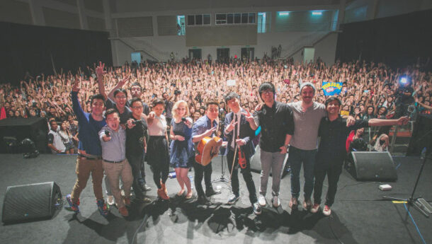 Come together: All the YouTubers and celebrity activists involved in Reach Out 2014 posing for an epic stage selfie (#stagie?) at the end of the event last Saturday.