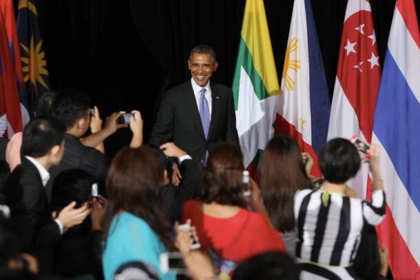 The President arriving at the event, where he took questions from the floor - which were mostly personal in nature - and spent time greeting attendees.