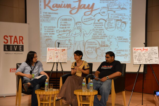 R.AGE editor Ian Yee (left) moderating the Q&amp;A session with Quah and Kavin.