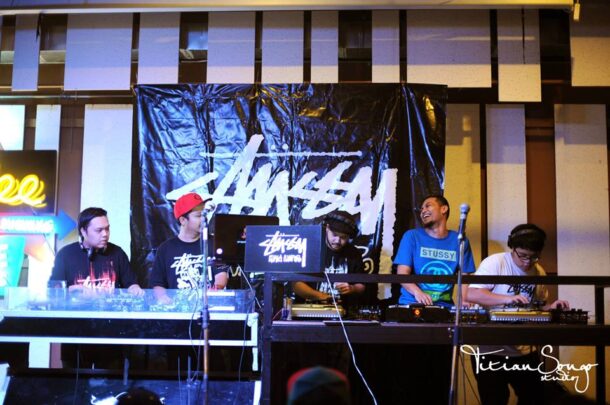 Dae's DJ group, Headshell Heroes, performing at a Stussy/Raising The Bar event. Dae (right) is one of many unknown hip hop acts discovered through Raising The Bar.