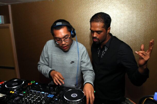 Resident DJ, DJ Sticky Sicx (right) is joined by a guest DJ every week at Sultan Lounge. They take turns playing R&amp;B, EDM and Latin salsa.