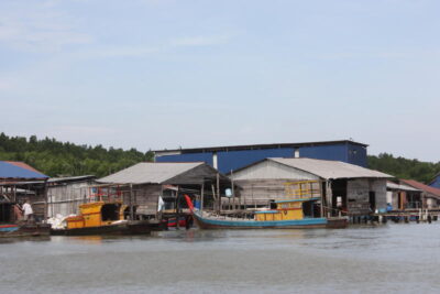 The view of Kuala Sangga as you approach it from the river. The fishing consists of a single row of houses along the river, with a dense mangrove forest right behind them.