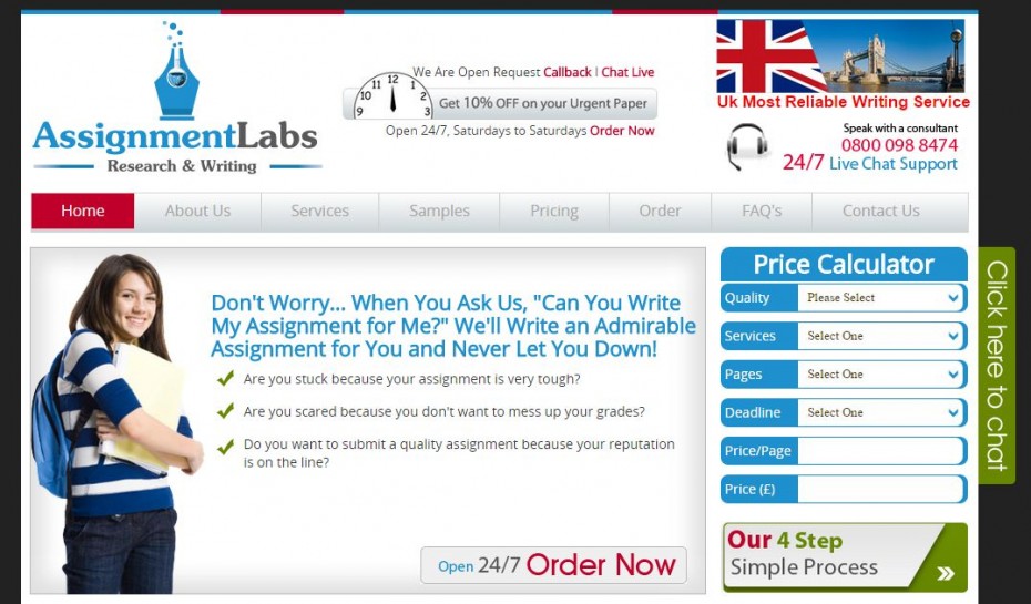 One of the countless websites selling assignments. Most of them offer perks and services like 24/7 customer service, toll free helplines, plagiarism-free money back guarantees and much more. This one even has a price calculator!