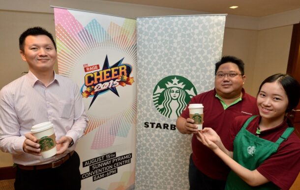 (from left) The Star Media Group"s Account Servicing manager Eddie Fung together with Berjaya Starbucks Coffee Company Sdn Bhd"s public affairs and digital strategy senior manager Salleharon and Annie Pang. Starbucks will be giving away vouchers at CHEER 2015 for its brand new sparkling drink, Fizzio. - ONG SOON HIN/The Star