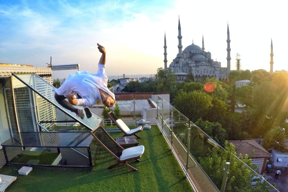 High flying Alsagoff in mid-air performing a back flip - he recommends beginners to start with the basics and then progress to more advanced maneuvers.