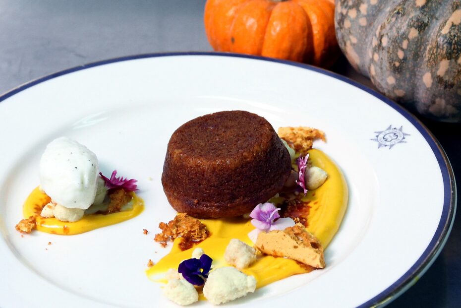 Li-Anne's seasonal pumpkin loaf with yogurt sorbet, honeycomb and edible flowers received praise from the judges for her clever substitution of palm oil for butter.