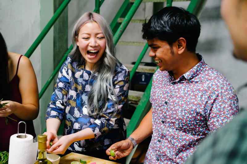 Nuril and fellow contestant Kuek sharing a lighthearted moment. Kuek said she was impressed by Nurils extensive knowledge of traditional ingredients and cooking methods.