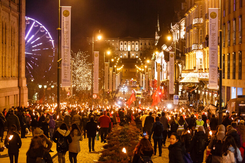The annual Nobel Peace Prize torch parade, where the people of Oslo march toward the Grand Hotel as a show of support for all who strive for peace. -- KILIAN MUNCH/Telenor