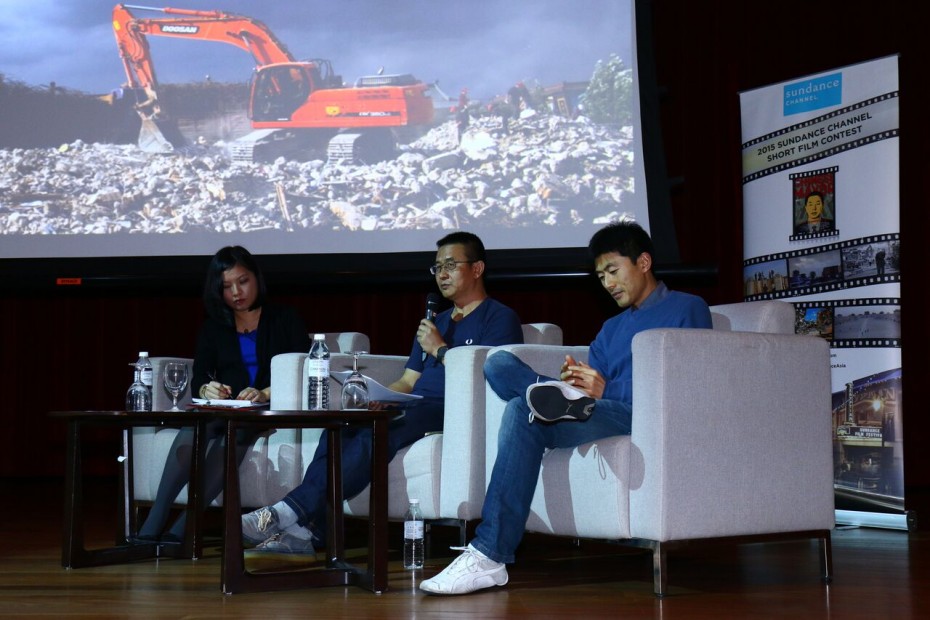 Zhou Hao (middle) and Zhao Qi (right) speaking about their documentary, The Chinese Mayor, during a Q&A session in Kuala Lumpur