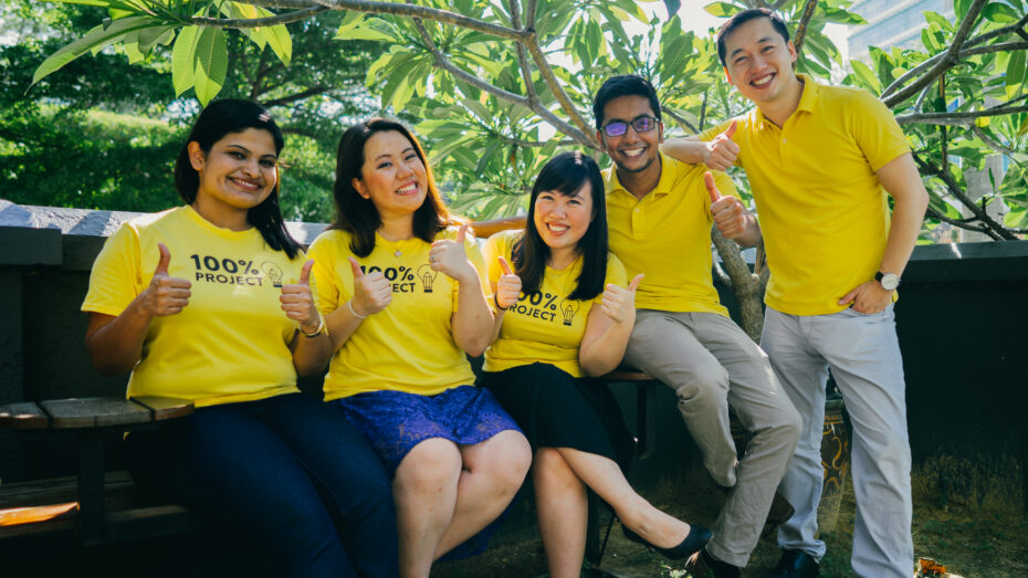 (L-R) Associate in the programme team Shobana Nair, head of programme and impact delivery Jo Ann Lee-Raj, and cofounders Amelia Tan, Andrew Yong, and Karthik Karunanithy are some of the youths behind the 100% Project. - CHRIS LIM