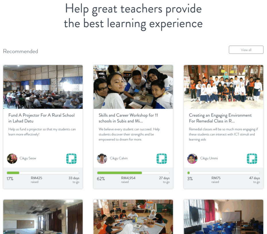 The 100% Project website allows you to pick from a variety of projects, as well as see the amount needed and the progress of the crowdfunding.