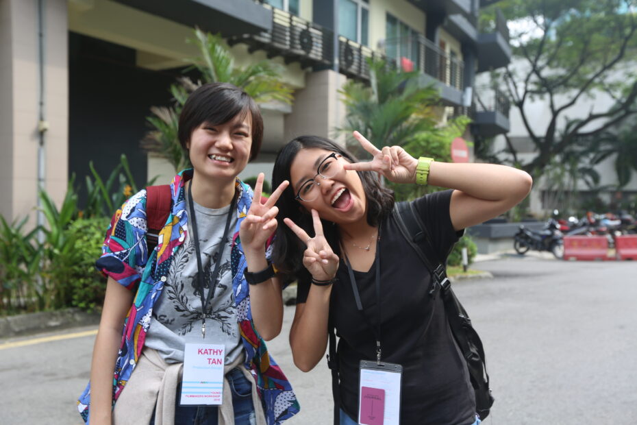 Tan (left) on set at NNW2016 with team member Lee Sy Yi, who was the group's cinematographer. - PHOTO: Next New Wave